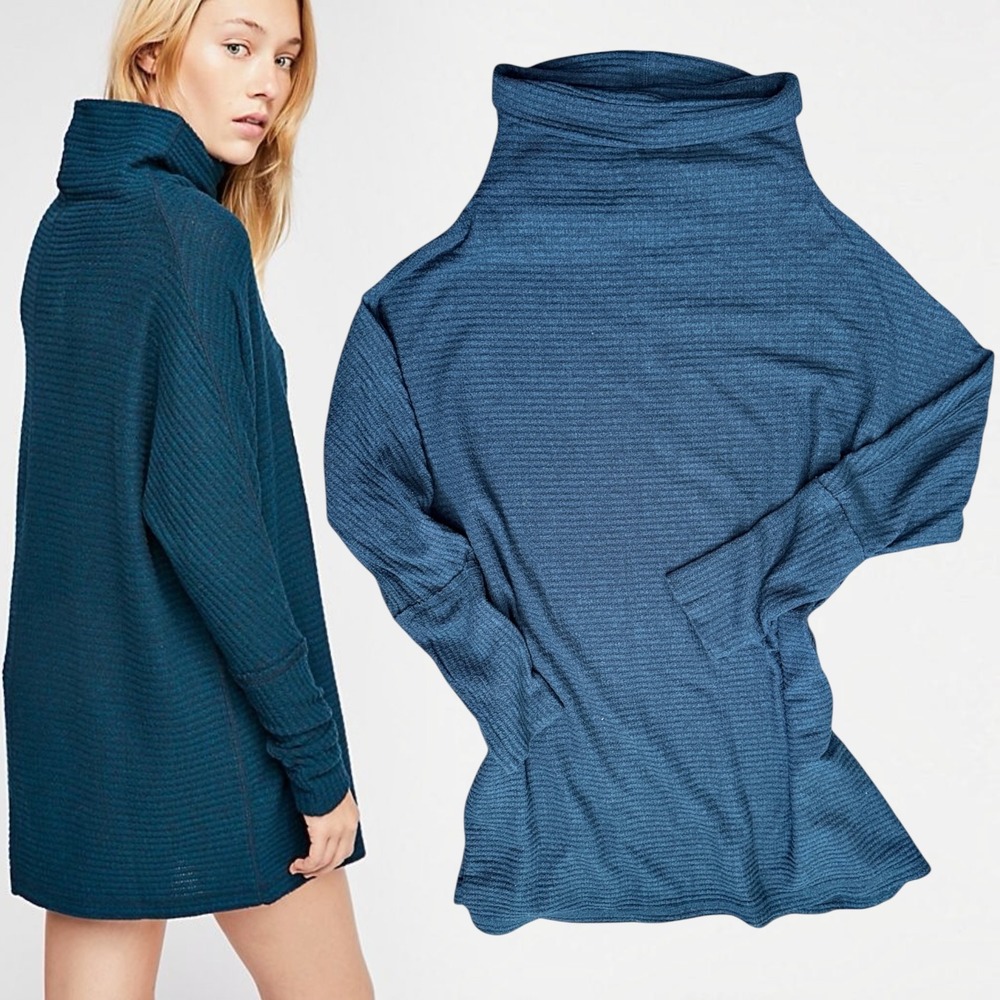 Free People Ottoman Slouchy Tunic Sweater Ribbed Funnel Neck Teal Blue Small